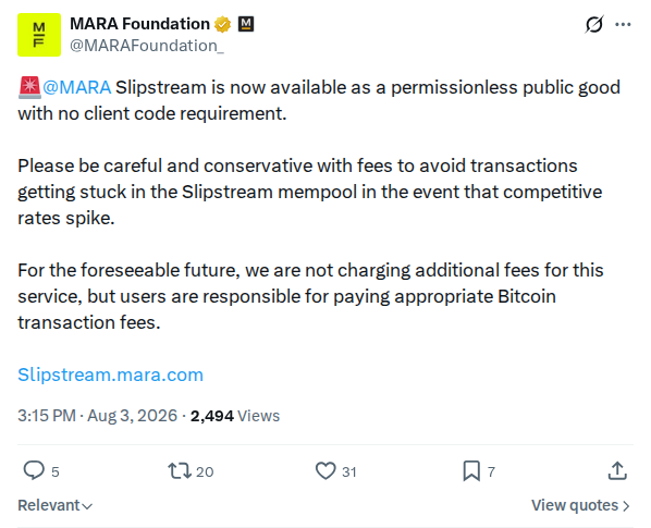 Captured screenshot: Slipstream permissionless announcement