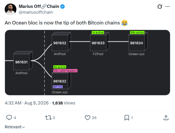 Captured screenshot: Ocean bloc is tip of both Bitcoin chains