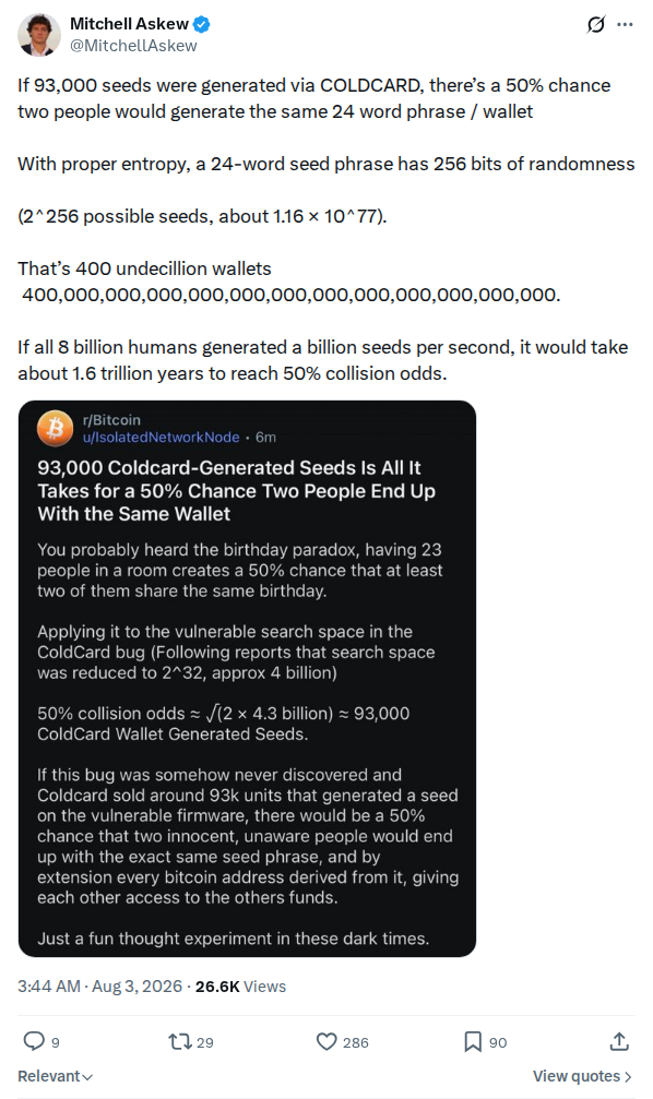 Captured screenshot: 93,000-seed collision arithmetic
