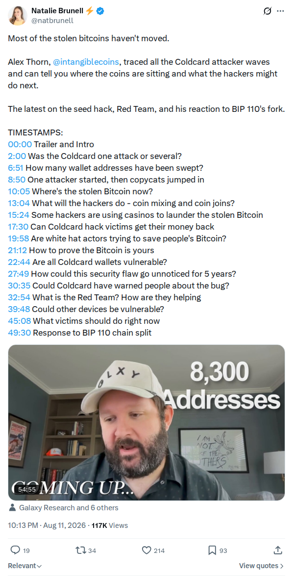 Captured screenshot: Natalie Brunell interview with Alex Thorn on the Coldcard hack