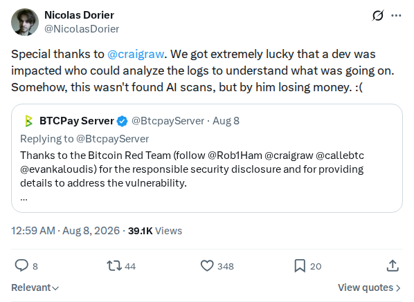 Captured screenshot: BTCPay vulnerability identified through affected developer logs