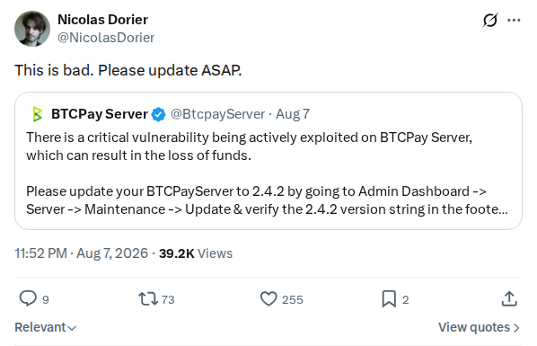 Captured screenshot: Nicolas Dorier warns BTCPay Server users to update