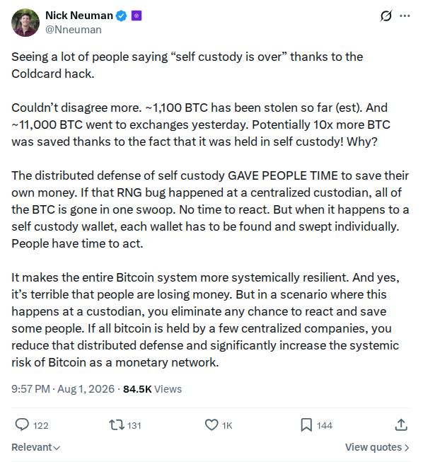 Captured screenshot: Nick Neuman argues self custody gave people time to save bitcoin