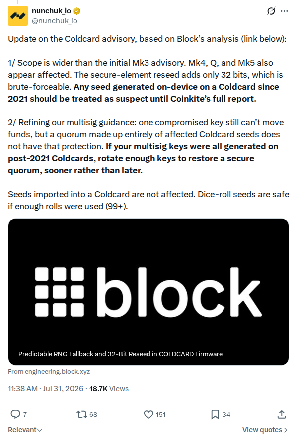 Captured screenshot: Nunchuk advisory update and multisig guidance