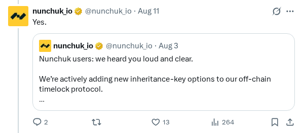 Captured screenshot of the reply by @nunchuk_io