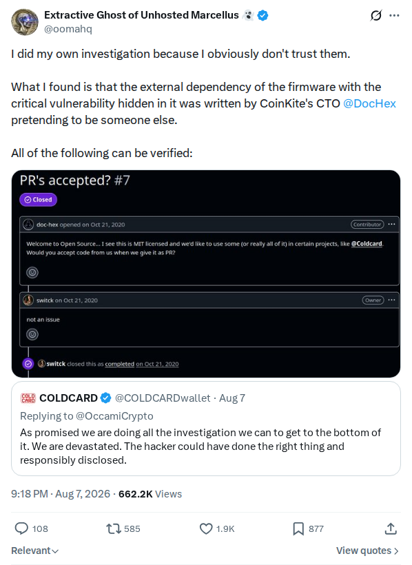 Captured screenshot: Allegation that CoinKite CTO wrote vulnerable dependency pseudonymously