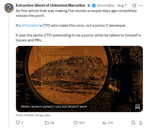Captured screenshot of the post by @oomahq