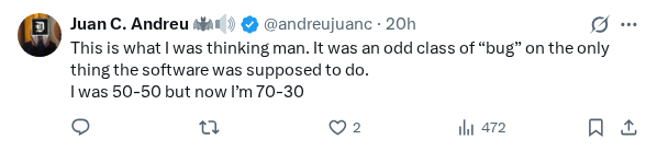 Captured screenshot of the reply by @andreujuanc