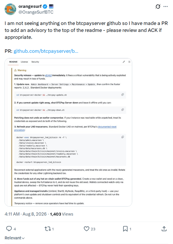 Captured screenshot: OrangeSurf opens pull request to add BTCPay Server advisory to repository readme