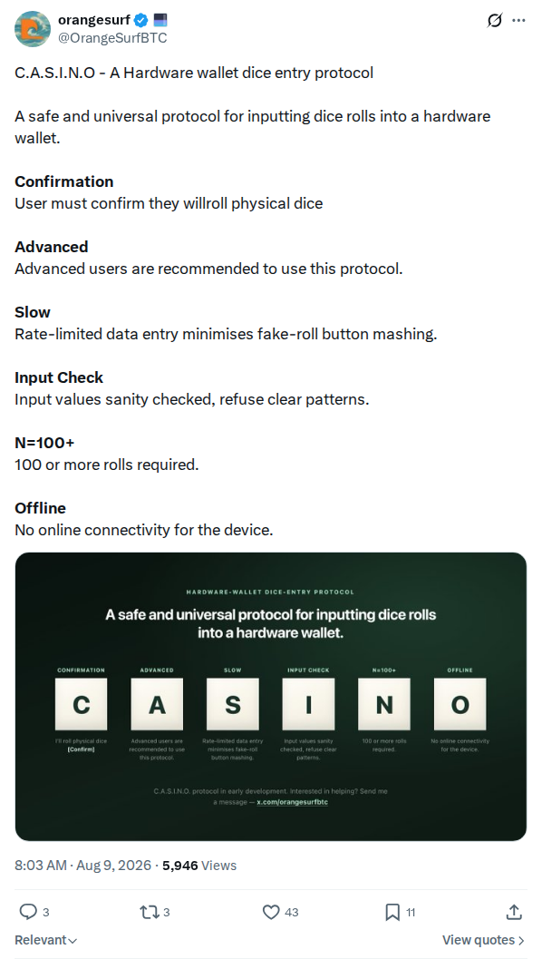 Captured screenshot: C.A.S.I.N.O hardware wallet dice entry protocol