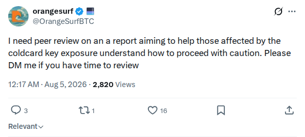 Captured screenshot: OrangeSurf requests peer review for a Coldcard key-exposure report