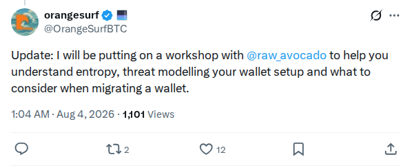 Captured screenshot: OrangeSurf announces wallet entropy and migration workshop with raw_avocado