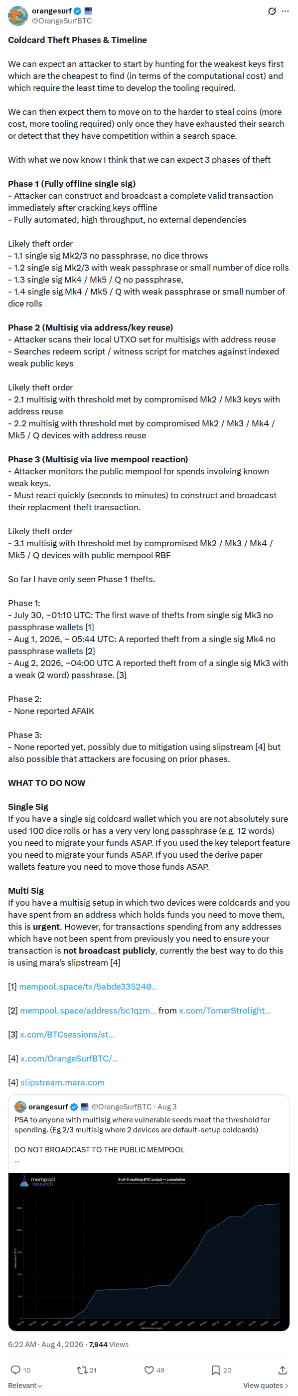 Captured screenshot: OrangeSurf outlines Coldcard theft phases and timeline