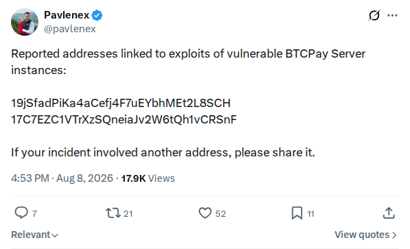 Captured screenshot: Pavlenex reports addresses linked to BTCPay Server exploits