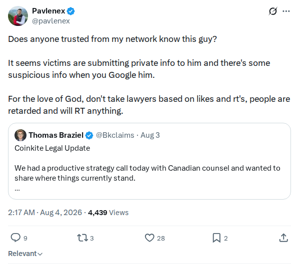 Captured screenshot: Pavlenex warns victims about submitting private information