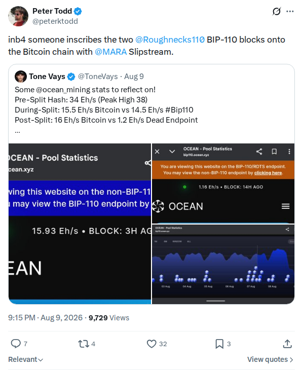 Captured screenshot: Peter Todd on inscribing BIP-110 blocks via Slipstream