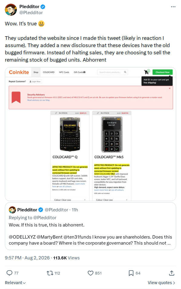Captured screenshot: Claim that affected stock remains on sale with an added disclosure