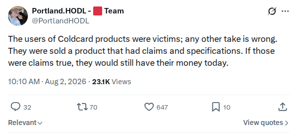 Captured screenshot: Coldcard users were victims of product failure