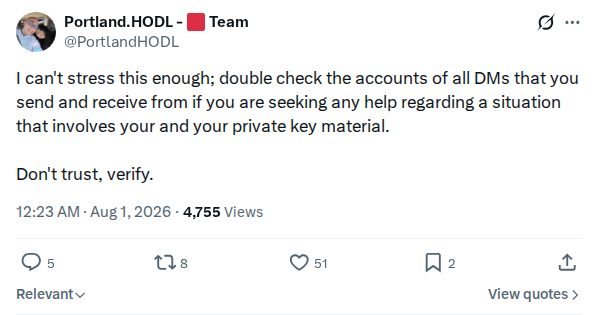 Captured screenshot: Warning to verify direct messages about key material