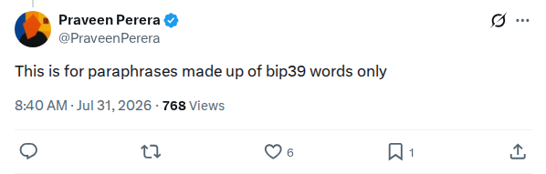 Captured screenshot: BIP39 paraphrase clarification