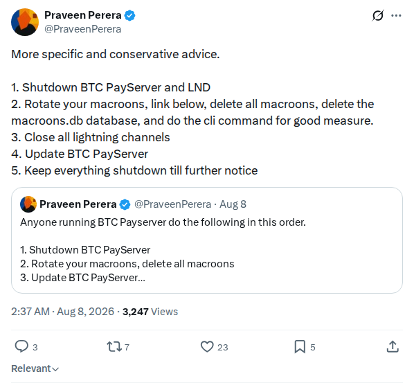 Captured screenshot: BTCPay Server and LND shutdown and macaroon rotation advice