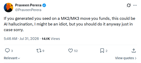 Captured screenshot: Early MK2/MK3 move-funds warning