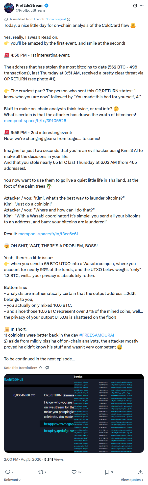 Captured screenshot: OP_RETURN threat and coinjoin trace