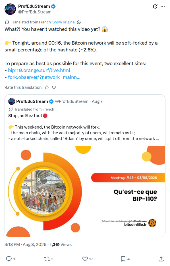 Captured screenshot: ProfEduStream warns of BIP110 soft fork around 00:16 UTC