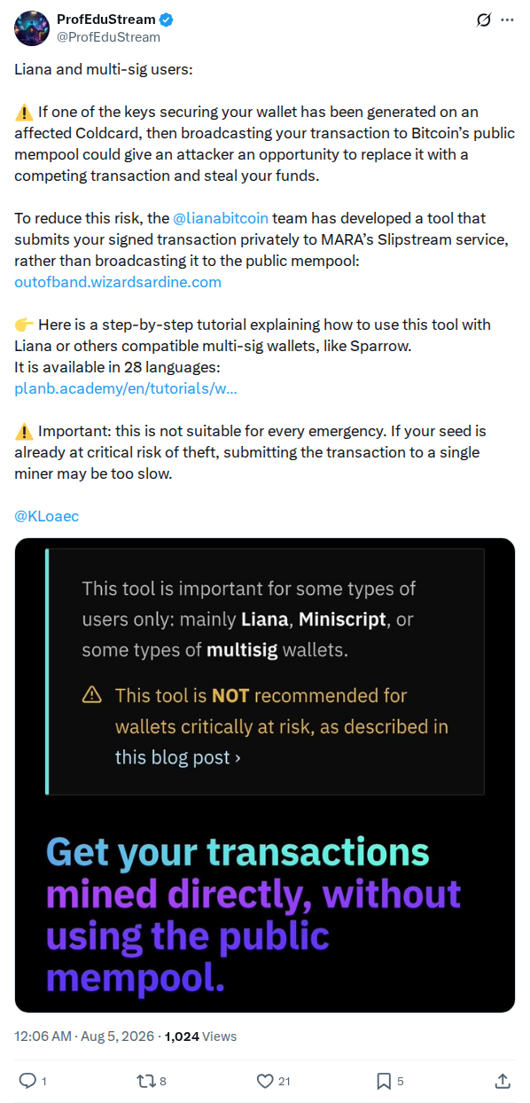 Captured screenshot: Slipstream mempool-risk warning for Liana and multi-sig users