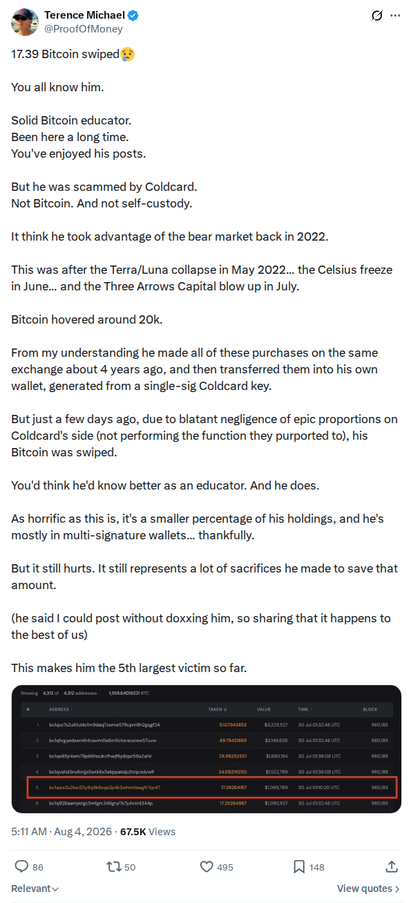 Captured screenshot: Educator's 17.39 BTC loss, anonymised