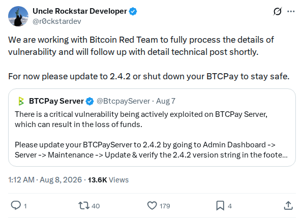 Captured screenshot: BTCPay safety update