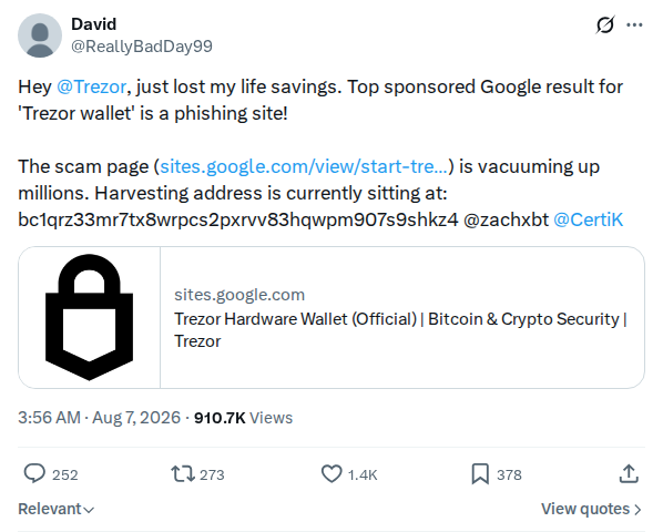 Captured screenshot: First-hand report of Trezor phishing ad loss
