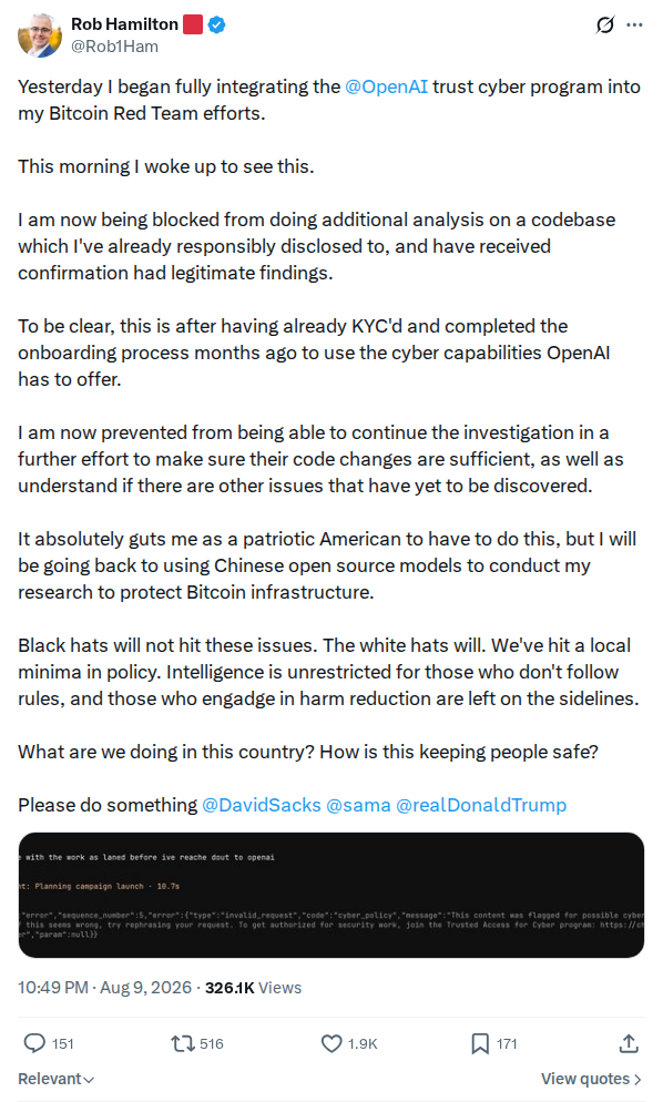 Captured screenshot: Rob Hamilton says OpenAI blocked his analysis of a disclosed codebase