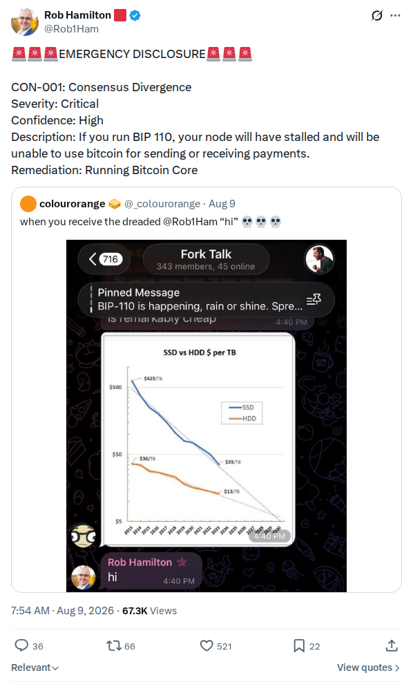 Captured screenshot: BIP 110 consensus divergence emergency disclosure