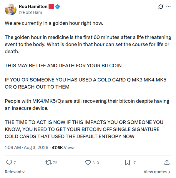 Captured screenshot: Rob Hamilton calls the response window a golden hour for Bitcoin