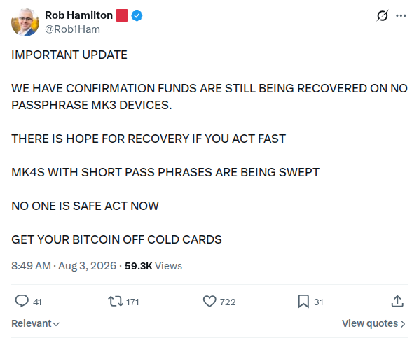 Captured screenshot: Rob Hamilton reports MK3 recoveries and MK4 short-passphrase sweeps