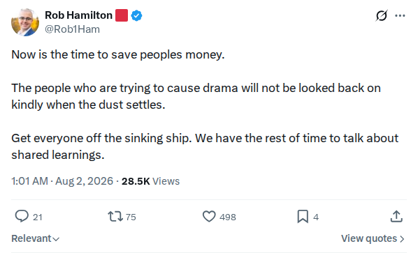 Captured screenshot: Rob Hamilton says this is the time to save money, not debate drama