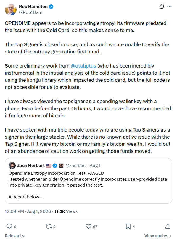 Captured screenshot: OPENDIME and TAPSIGNER scope response