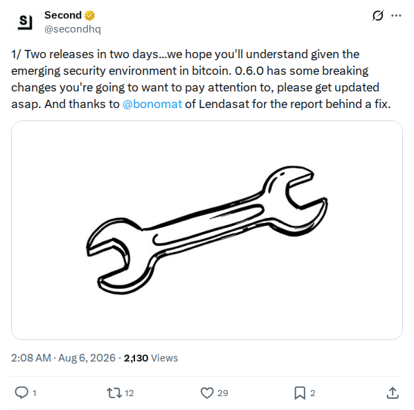 Captured screenshot: Second releases version 0.6.0 with breaking changes after Bitcoin security report