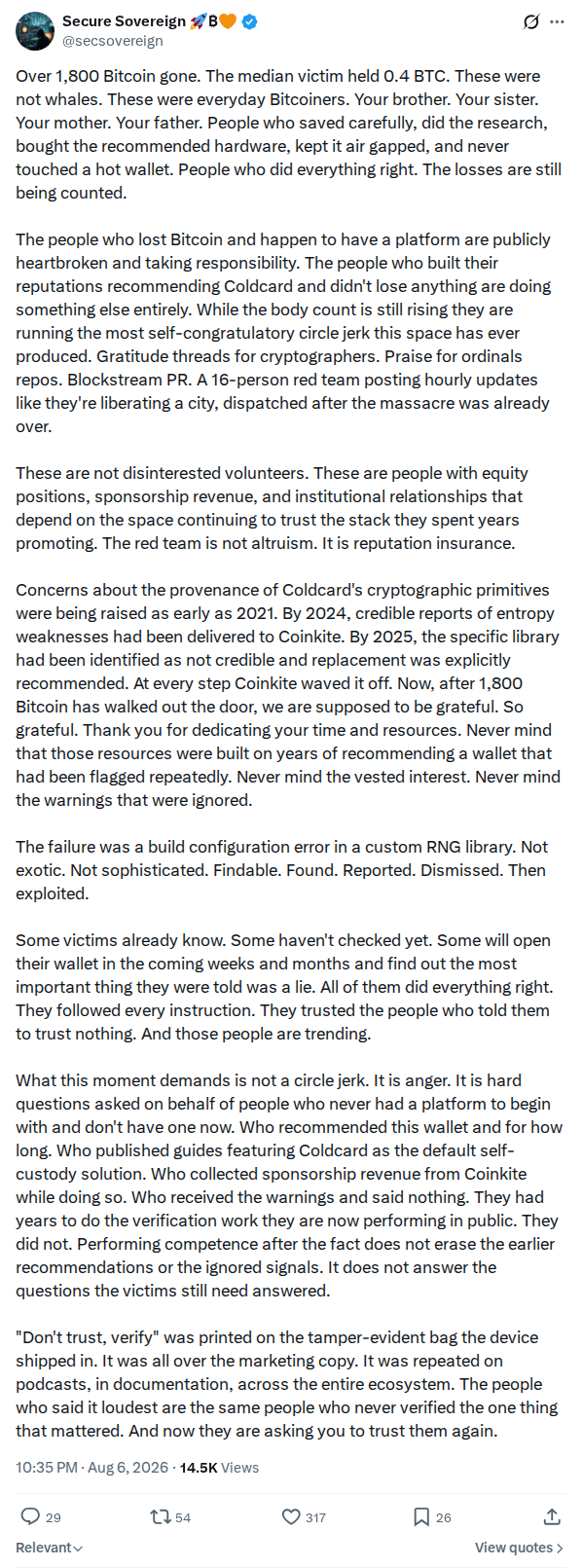 Captured screenshot: Accountability polemic against the wallet's recommenders