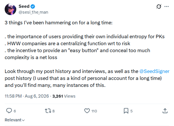 Captured screenshot: SeedSigner contributor's three prior warnings