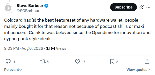 Captured screenshot: Defence of Coldcard's featureset and reputation