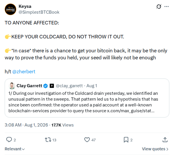 Captured screenshot: Keep COLDCARD devices as evidence