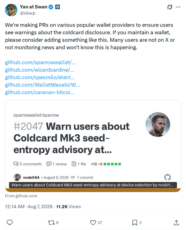 Captured screenshot: Wallet warning pull requests across five projects
