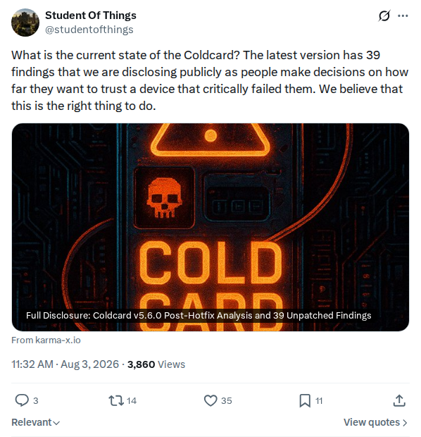 Captured screenshot: Latest Coldcard version has 39 findings being disclosed