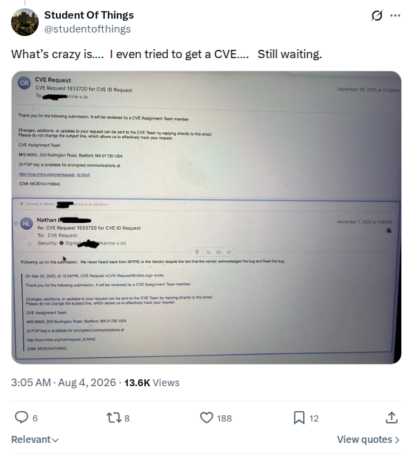 Captured screenshot: CVE request still pending