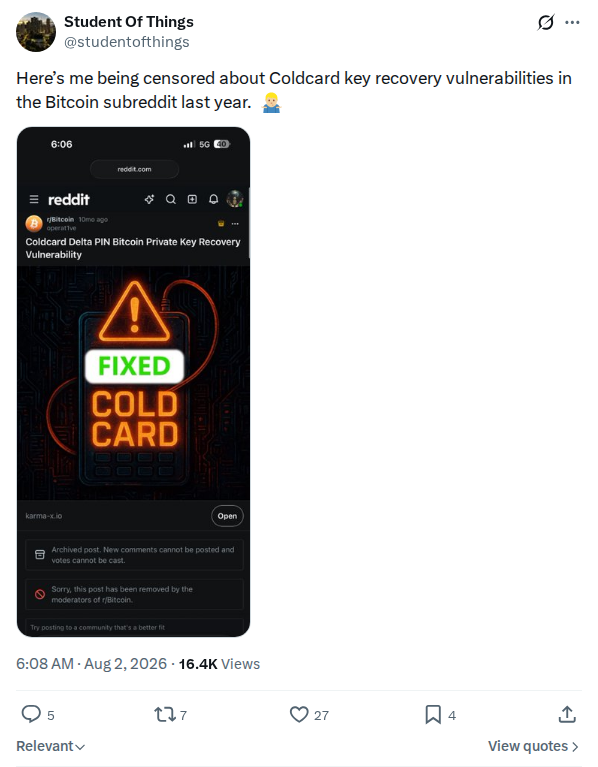 Captured screenshot: Prior r/Bitcoin censorship of Coldcard key-recovery warnings