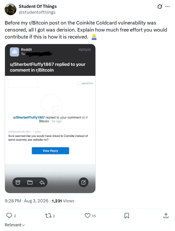 Captured screenshot: r/Bitcoin post censored and derided