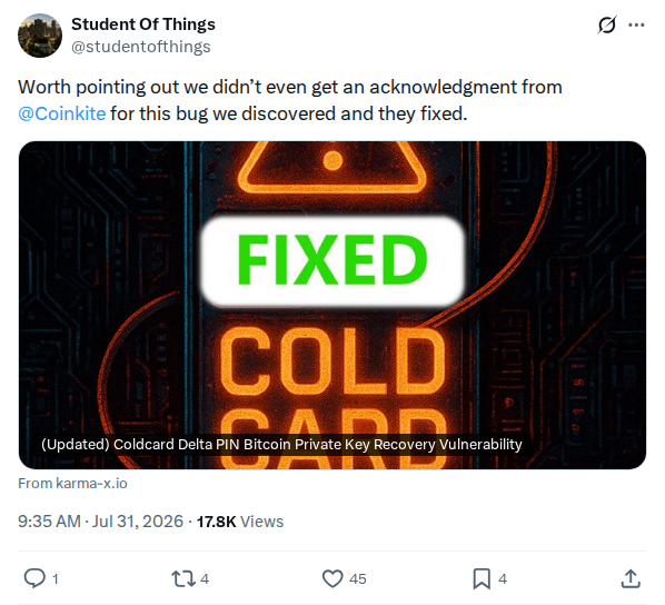 Captured screenshot: Bug reported to Coinkite fixed without acknowledgment