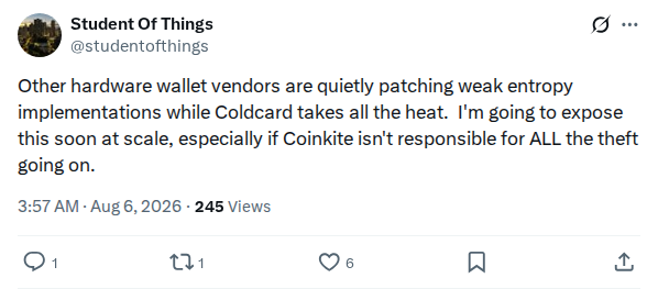 Captured screenshot: Student Of Things claims other hardware wallet vendors are quietly patching weak entropy